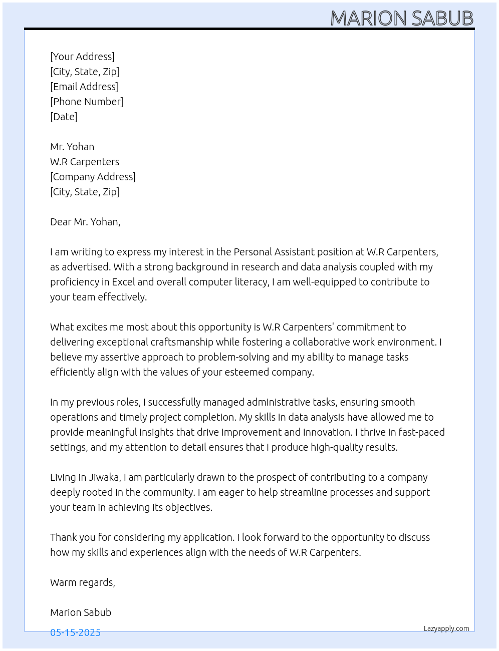 Personal Assistant At W.R Carpenters Cover Letter