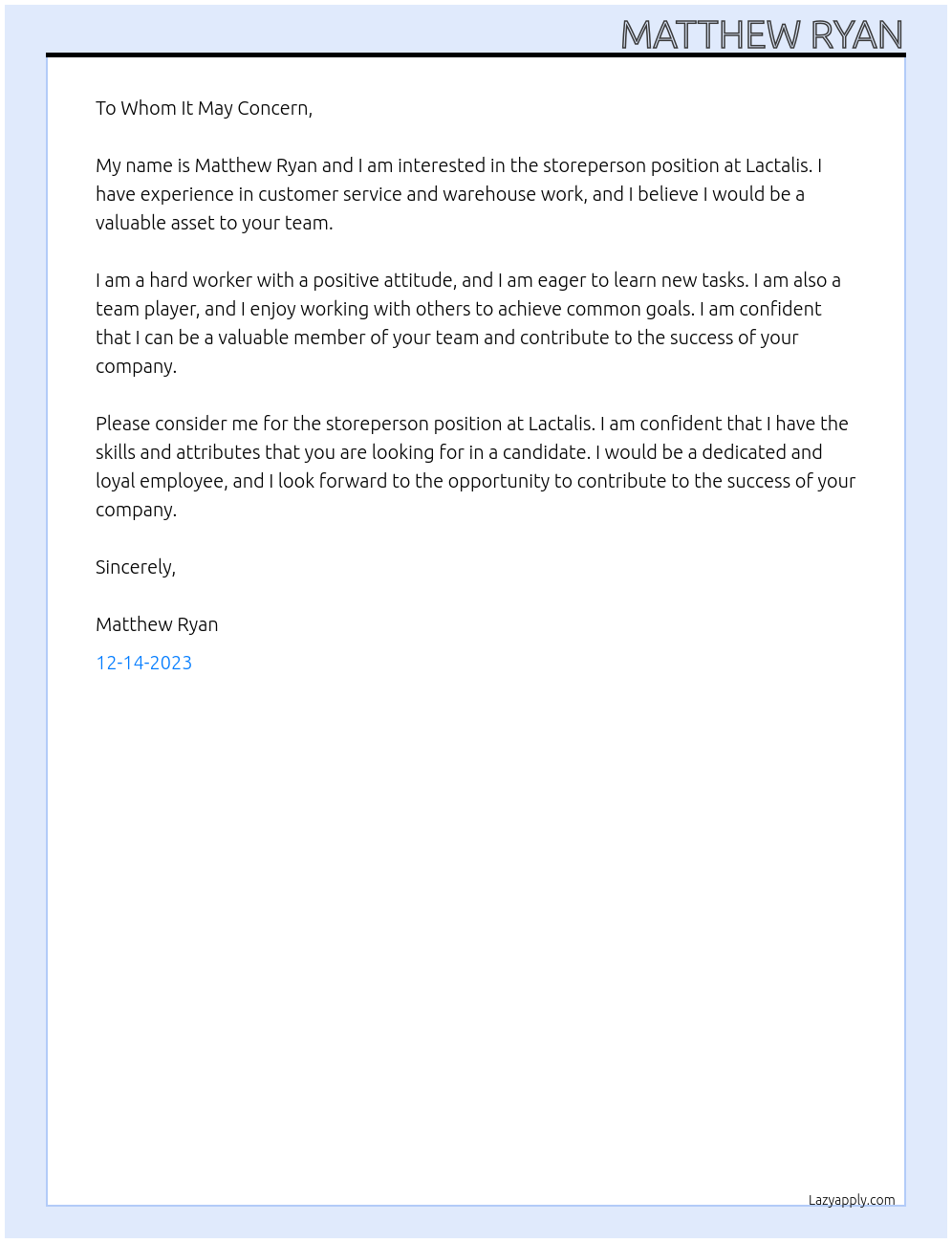 storeperson At Lactalis Cover Letter