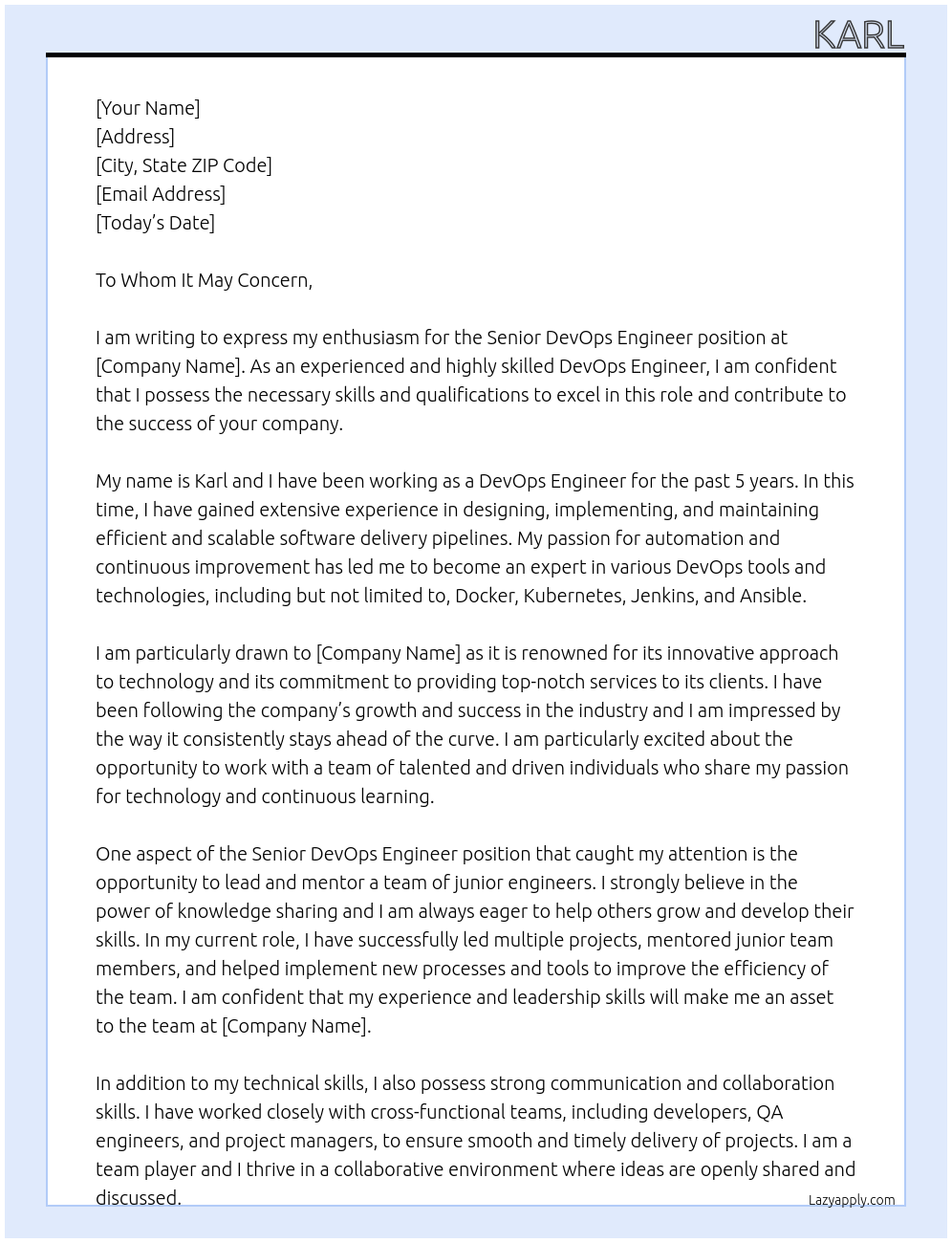 Senior DevOps Engineer At Position Cover Letter