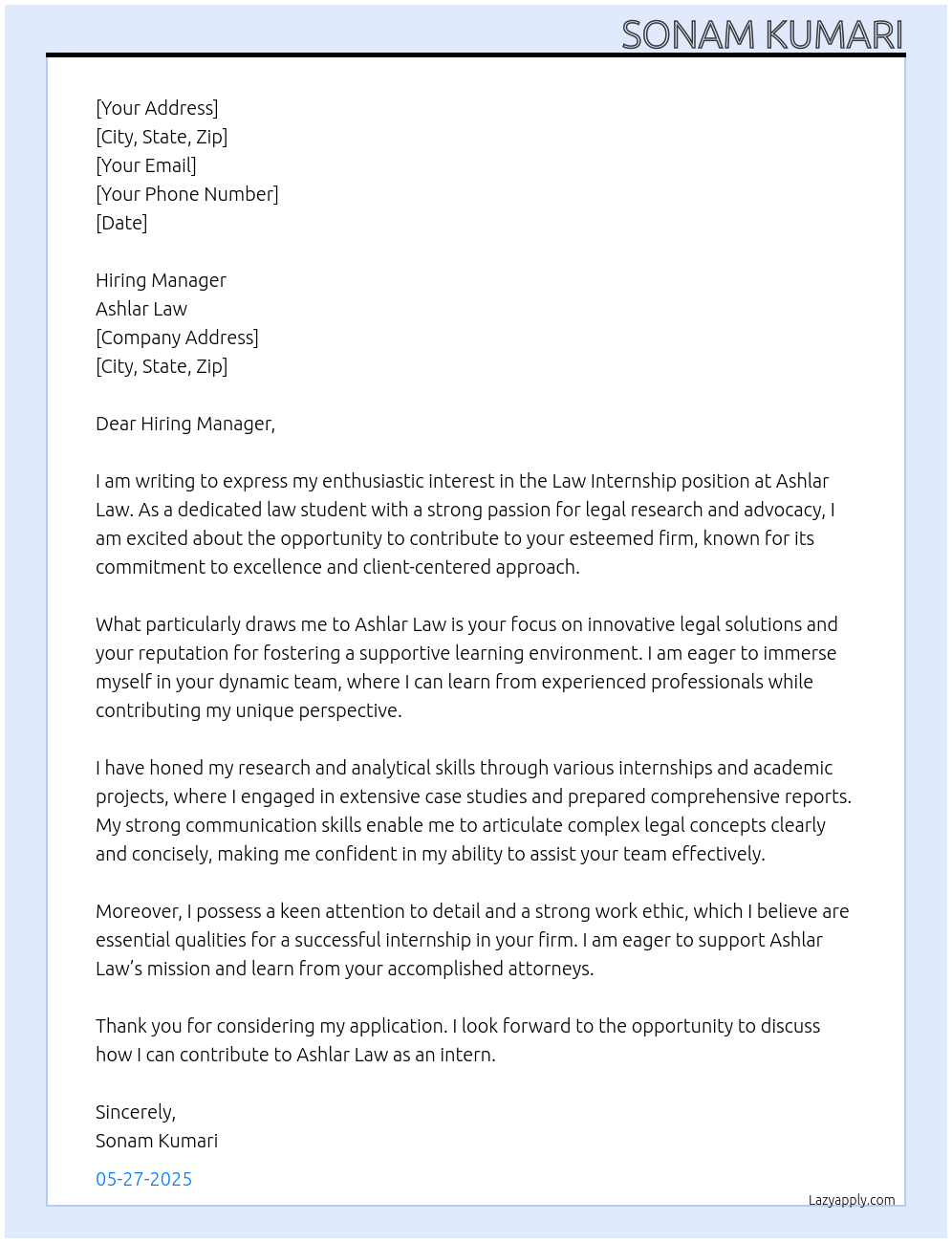 Cover letter for law internship - LazyApply