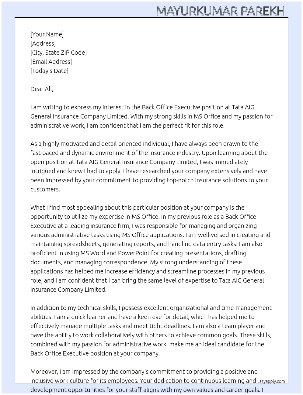 Back office Executive At Tata AIG General insurance company limited Cover Letter