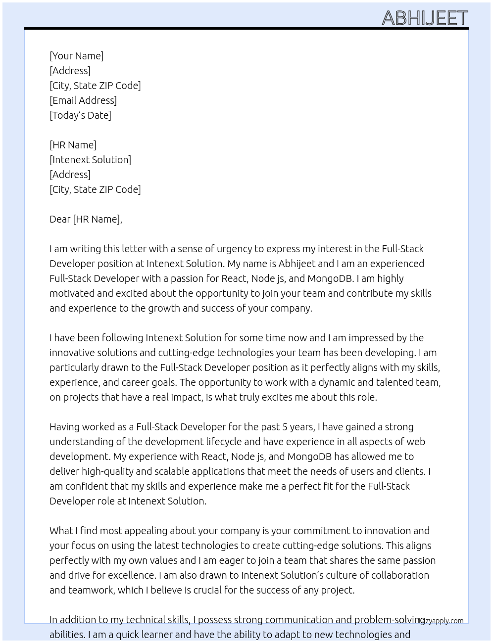 Full-Stack Developer At intenext solution Cover Letter