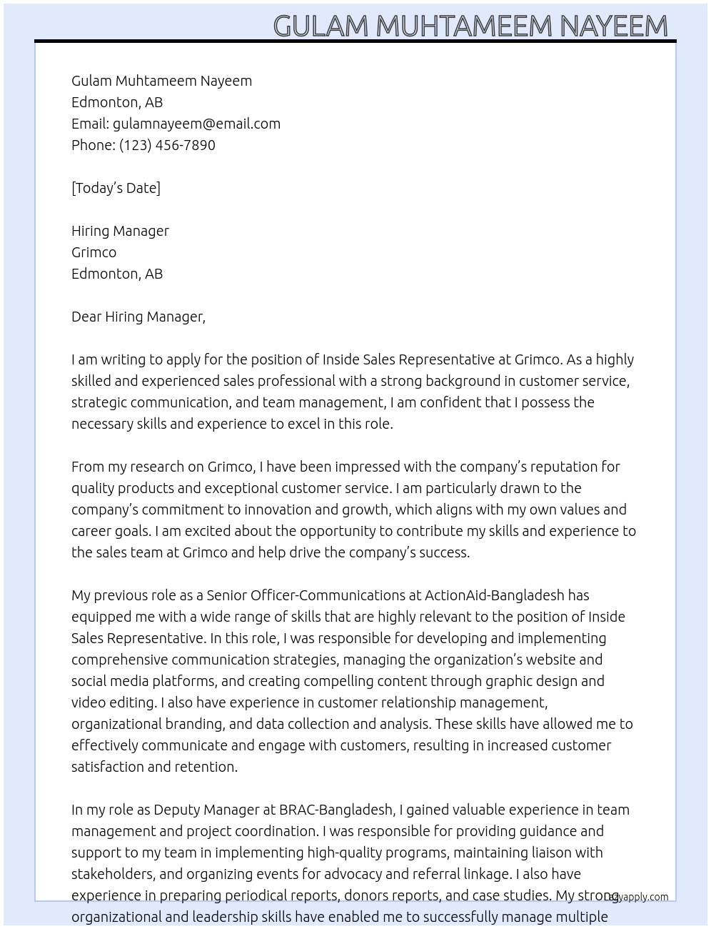 Inside Sales Representative  At Grimco Cover Letter