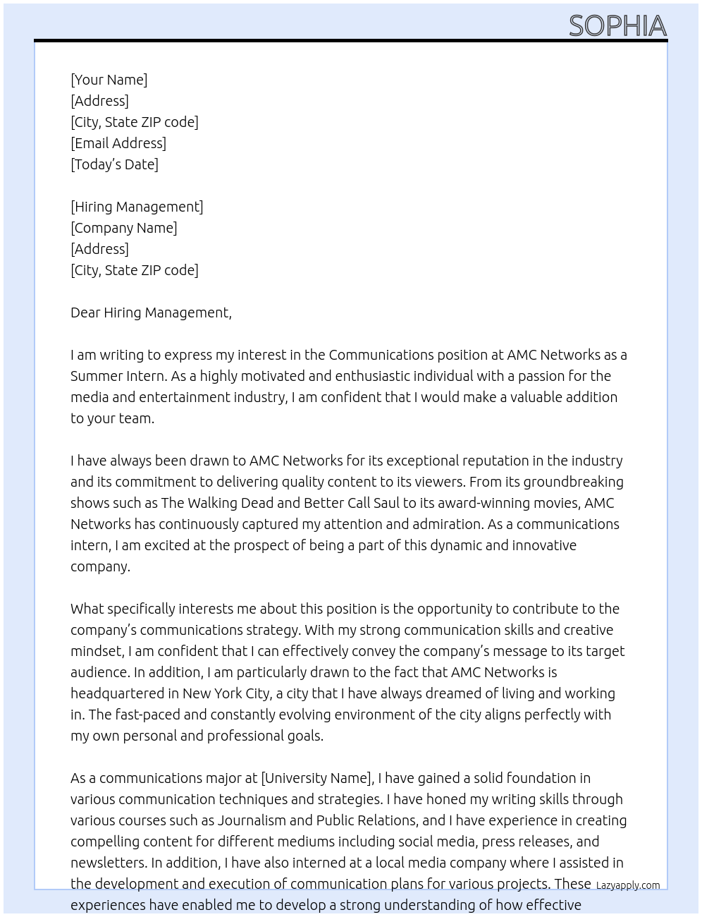 Communications At AMC Networks Cover Letter