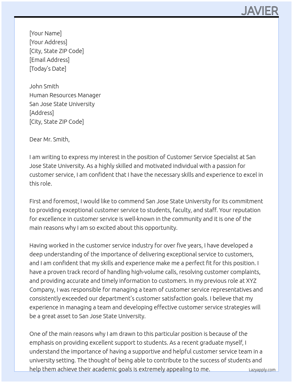 Customer Service Specialist At San Jose State University Cover Letter