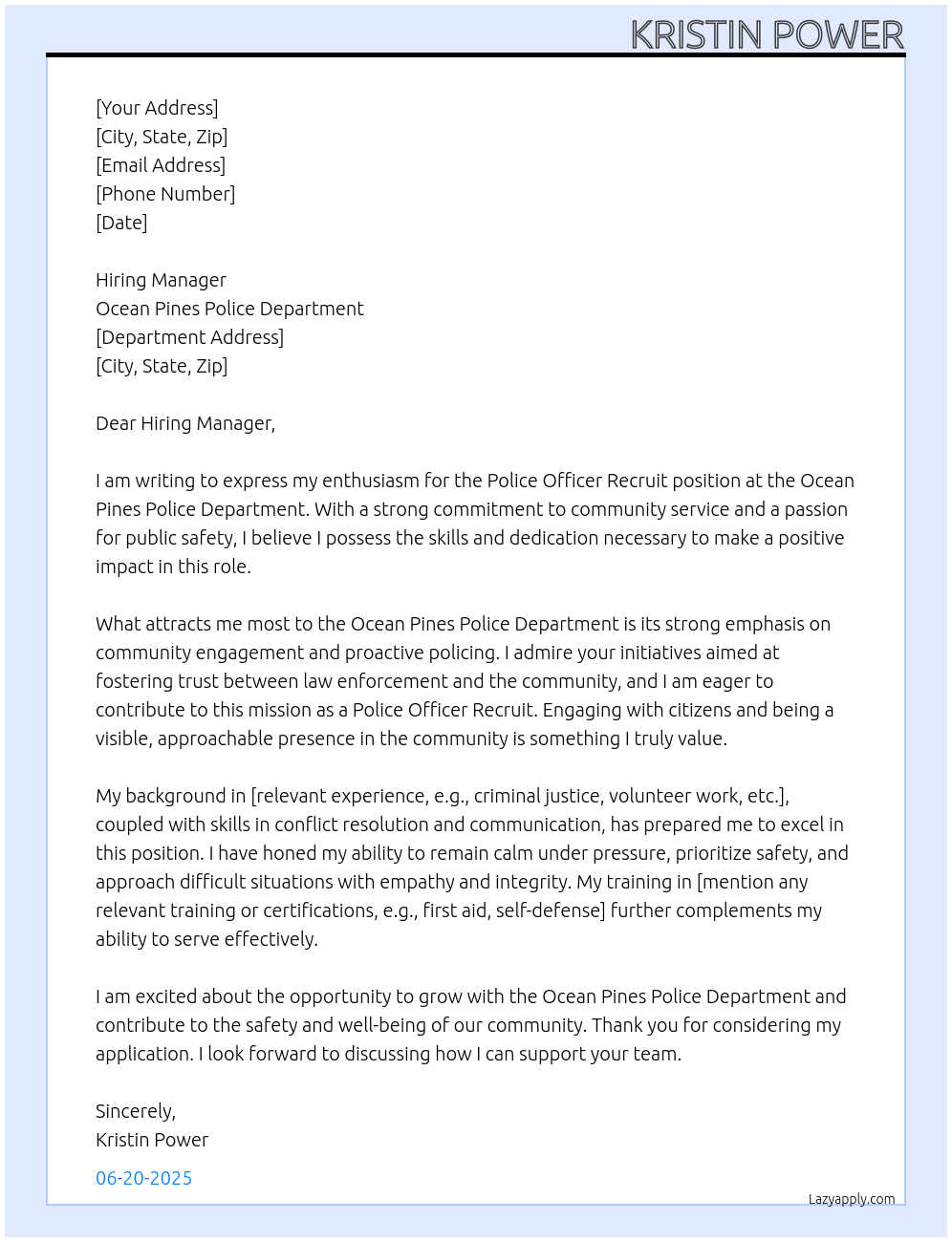 Cover letter for police officer recruit - LazyApply