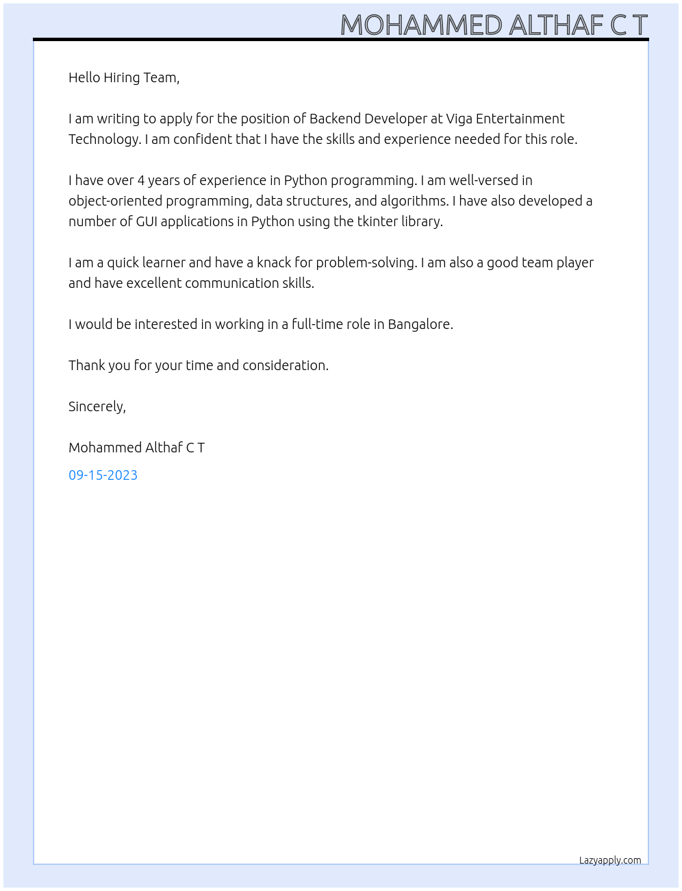 Backend Developer At Viga Entertainment Technology Cover Letter