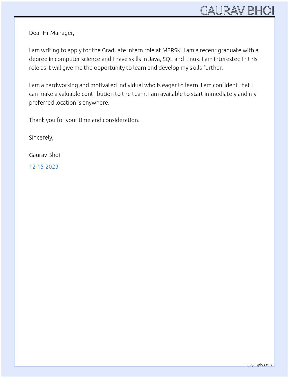 Graduate intern At MERSK Cover Letter