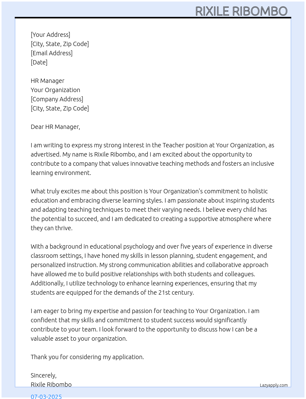 Teacher At Your organization Cover Letter