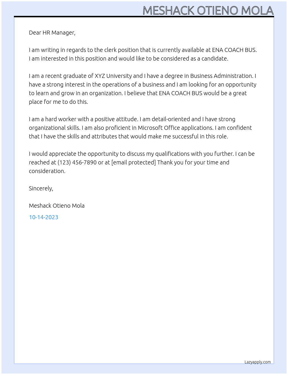 Clerk At ENA COACH BUS Cover Letter