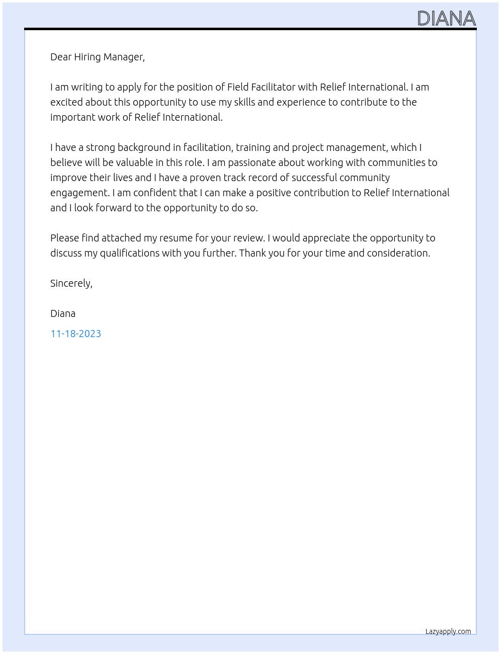 field facilitator At Relief international  Cover Letter