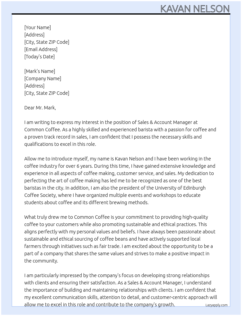 Sales & Account Manager At Common Coffee Cover Letter