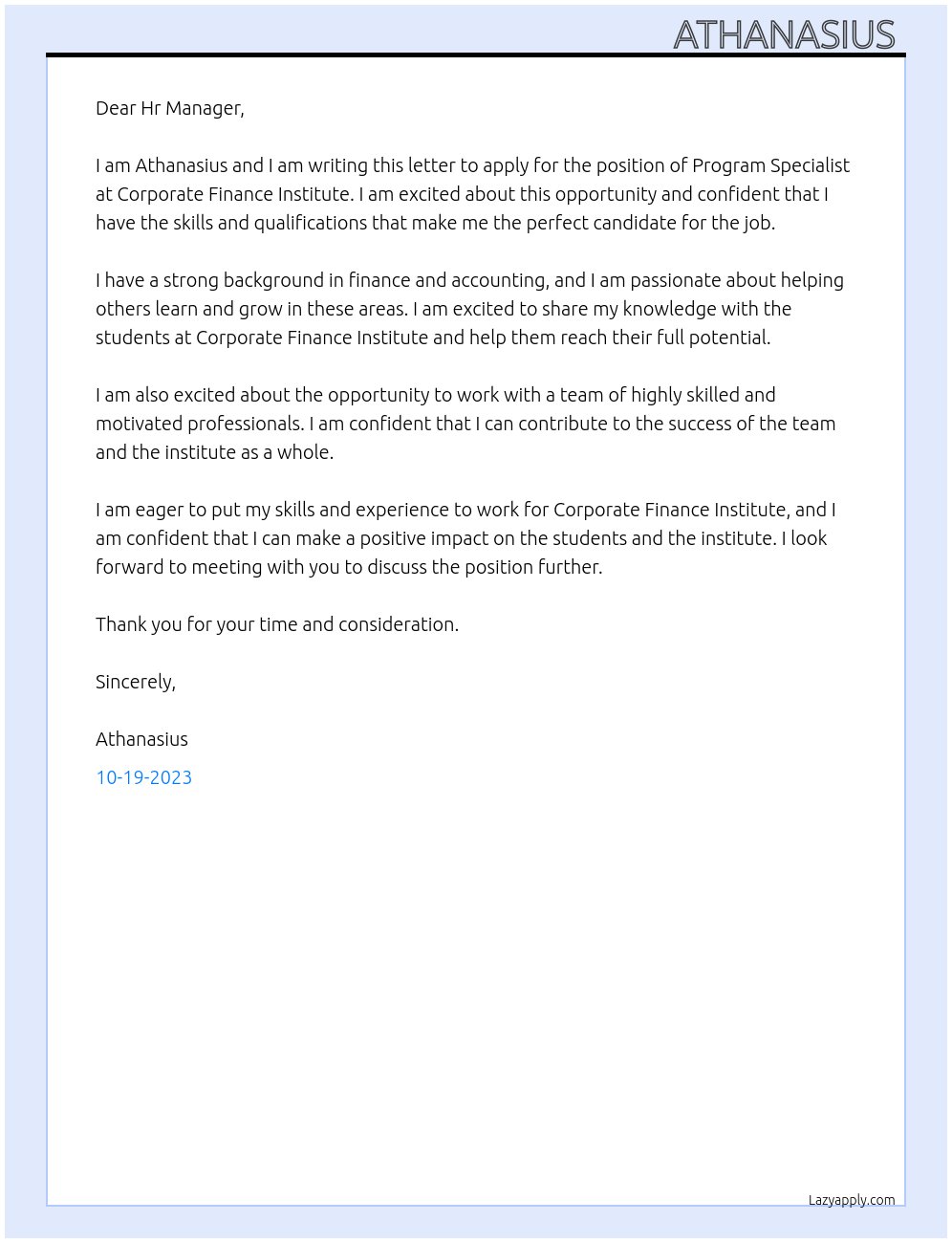 Program Specialist At Corporate Finance Institute Cover Letter