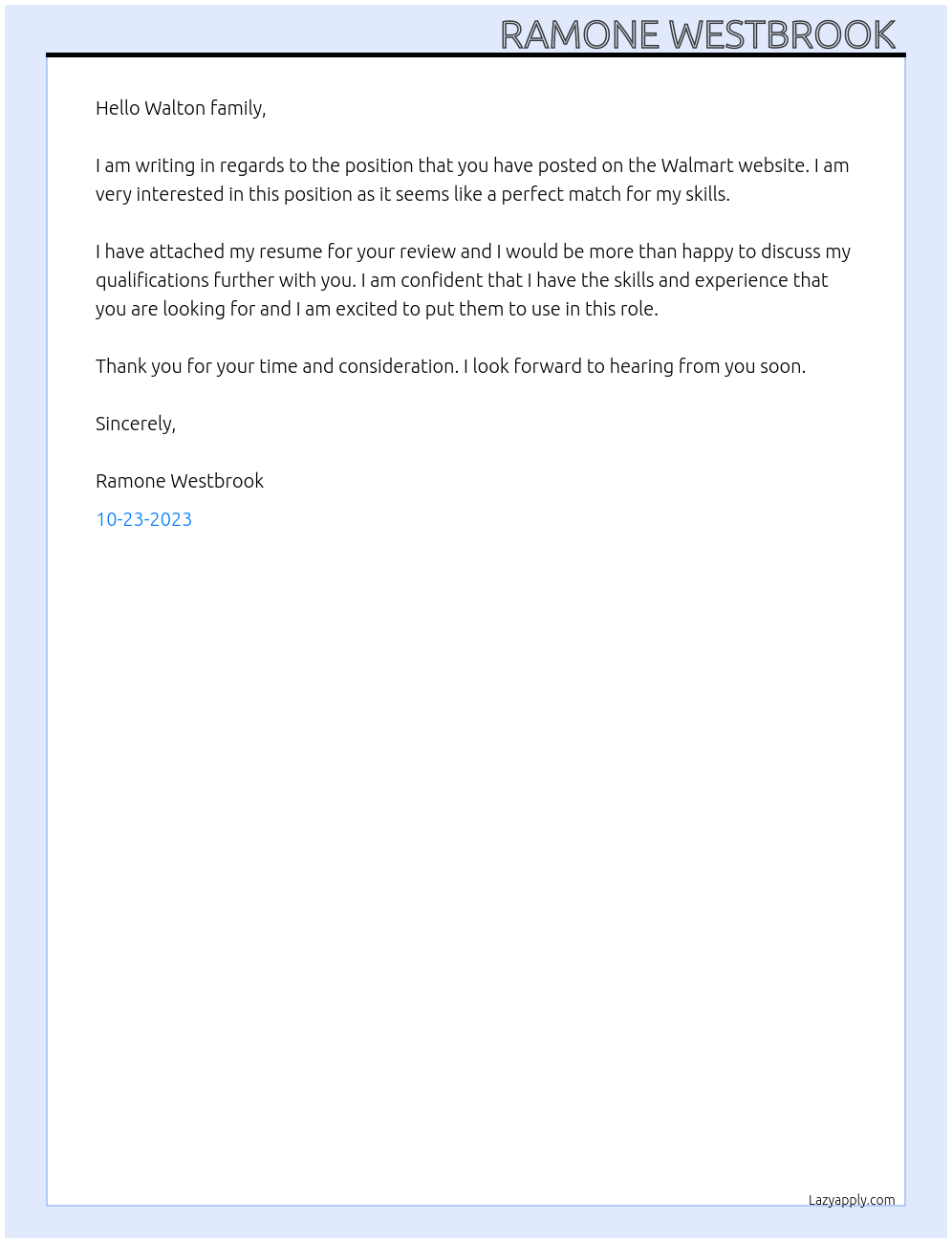 walmart At walmart  Cover Letter