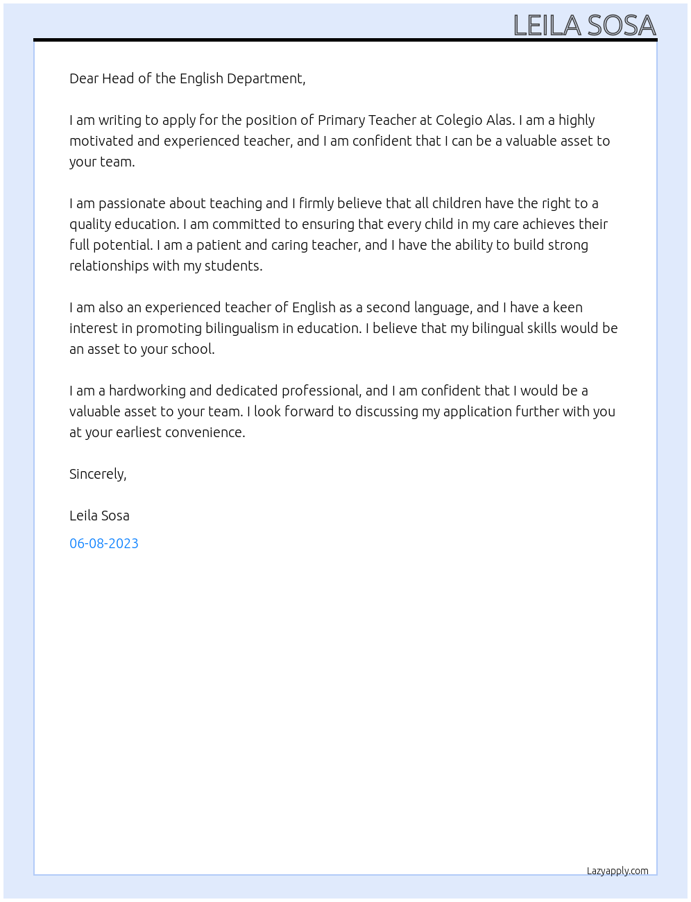 Primary Teacher At Colegio Alas Cover Letter