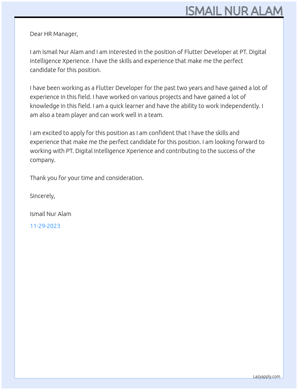 Flutter Developer At PT. Digital Intelligence Xperience Cover Letter