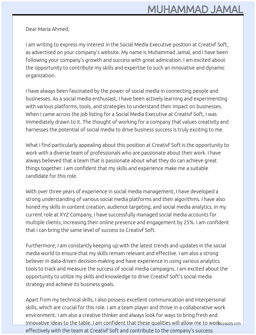 social media executive At Creativf Soft Cover Letter