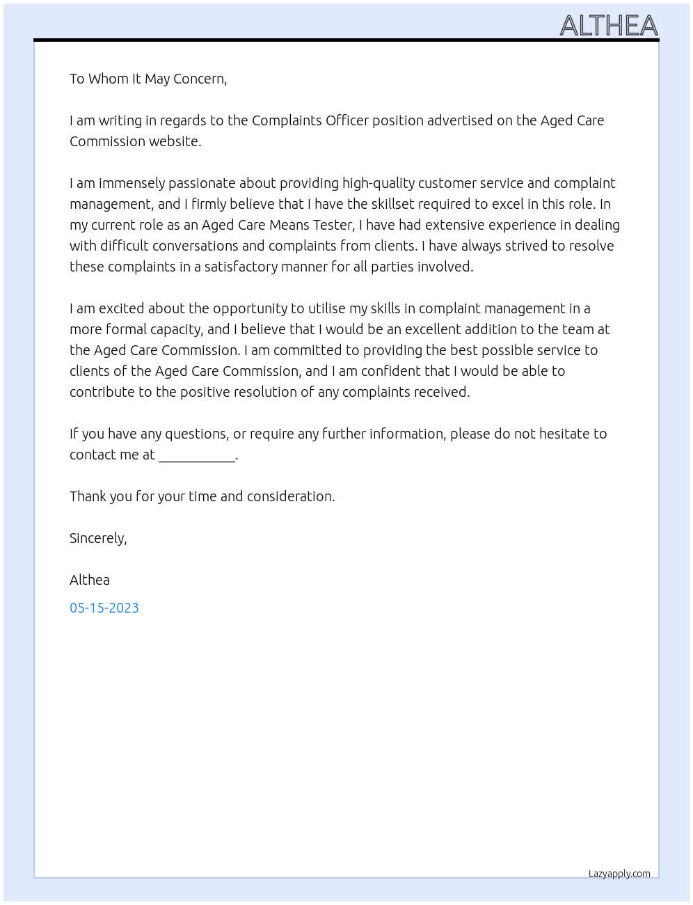 Complaints Officer At Aged Care Commision Cover Letter