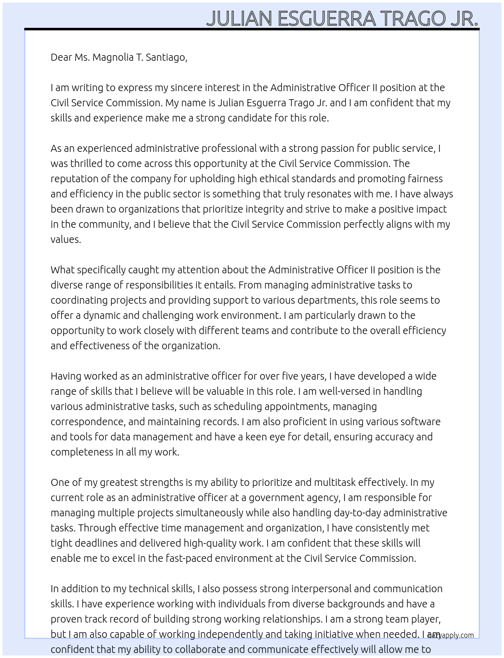 Administrative Officer II At Civil Service Commision Cover Letter