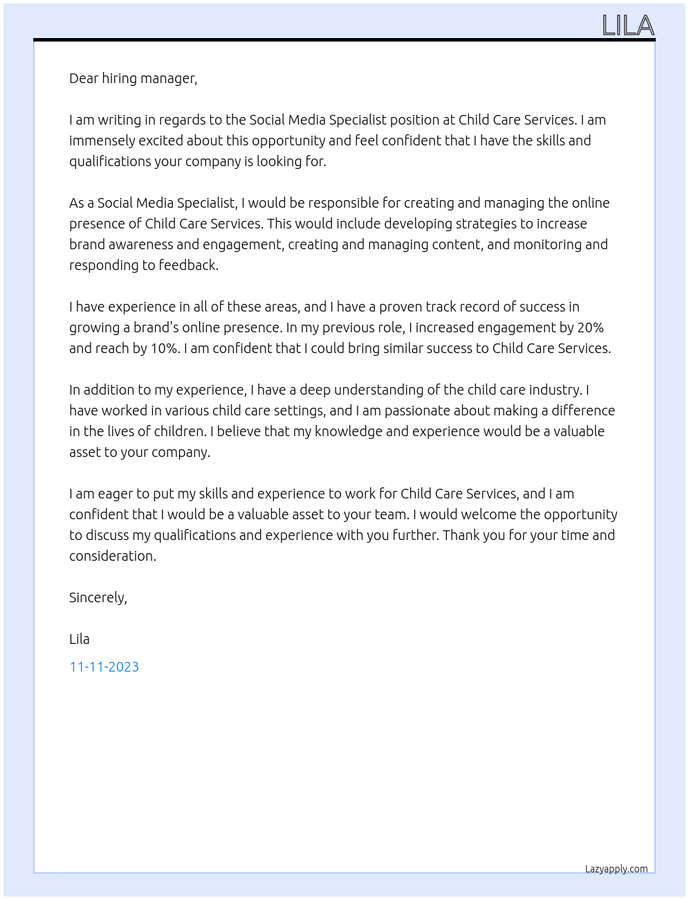 Social Media Specialist At Child Care Services Cover Letter