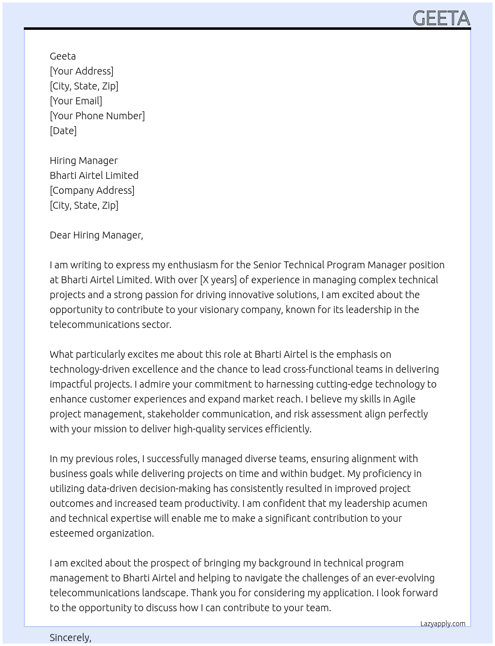 Senior Technical Program Manager At Bharti Airtel Limited Cover Letter