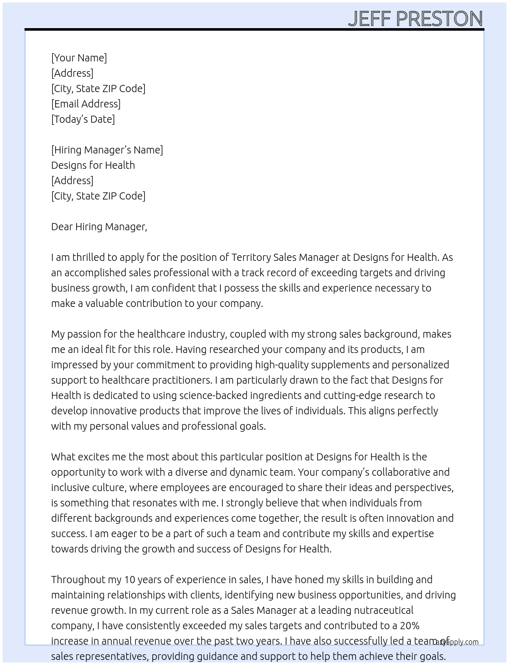 Territory Sales Manager At Designs for Health Cover Letter