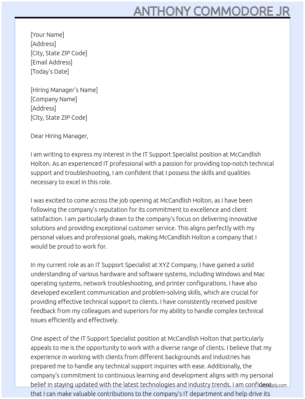 IT Support Specialist At McCandlish Holton Cover Letter