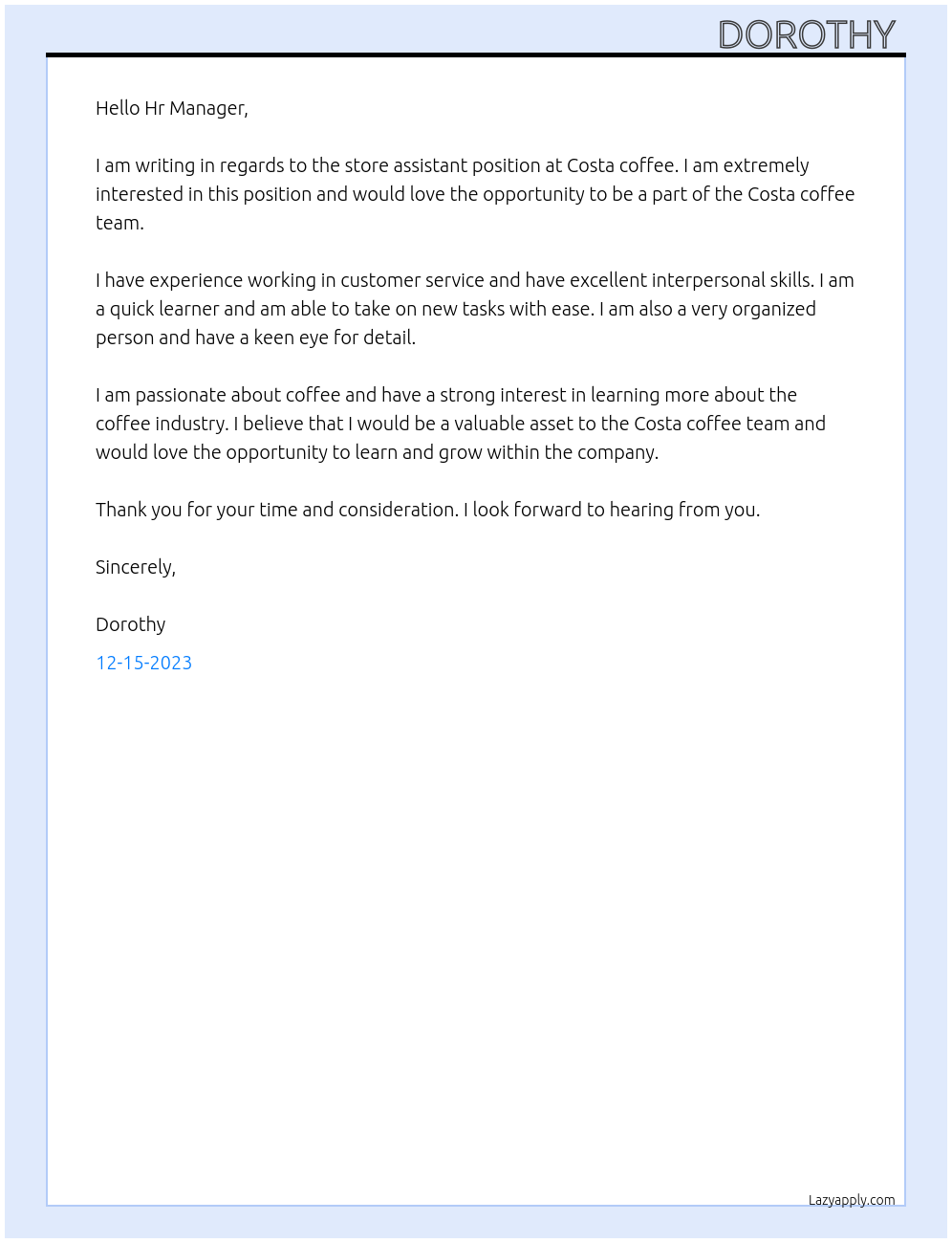 Store assistant At Costa coffee Cover Letter