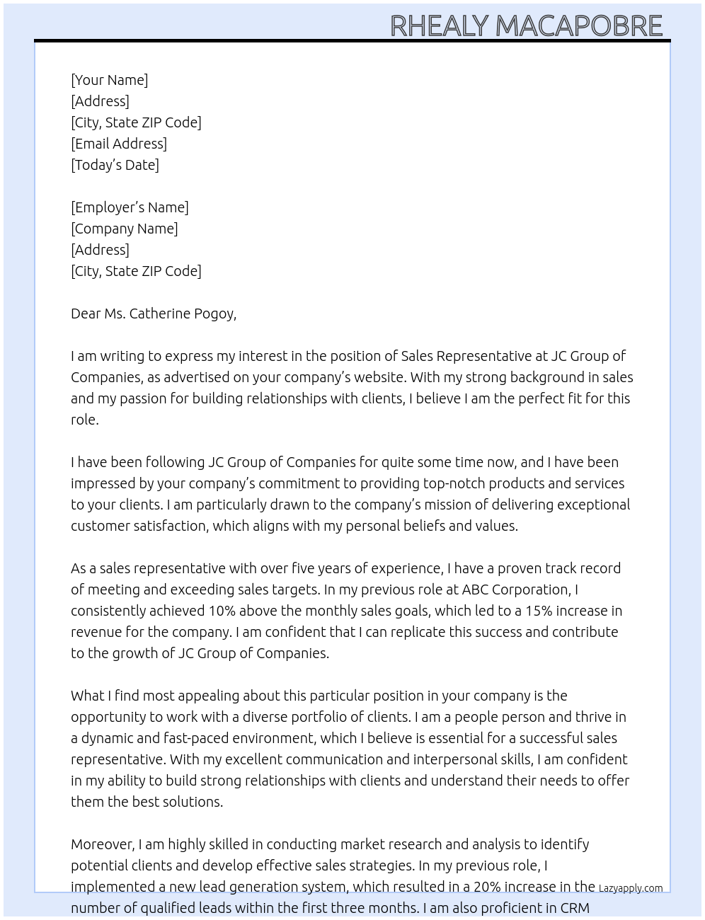 Sales representative At JC Group of Companies Cover Letter