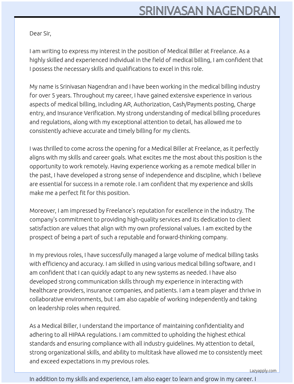 Medical Biller  At Freelance  Cover Letter