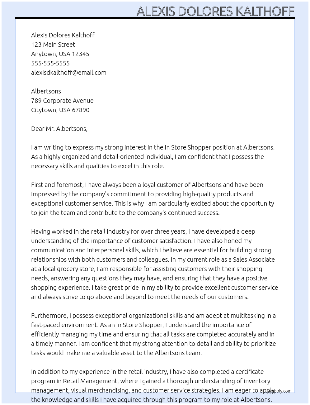 In Store Shopper At Alberstons Cover Letter