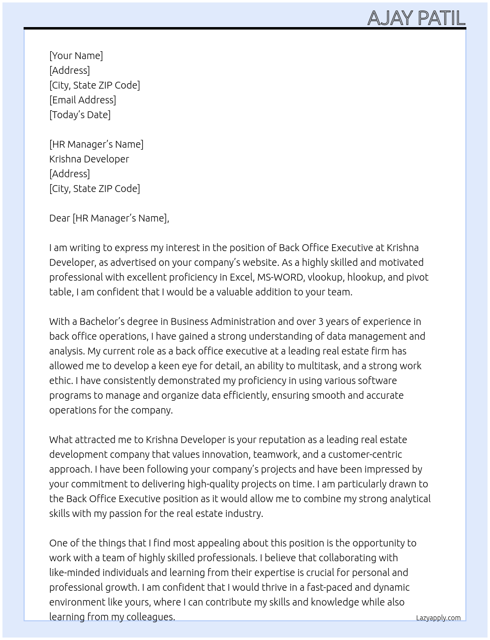 Back office executive At Krishna developer Cover Letter