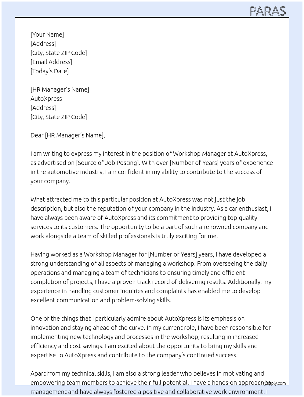 workshop manager At autoxpress Cover Letter