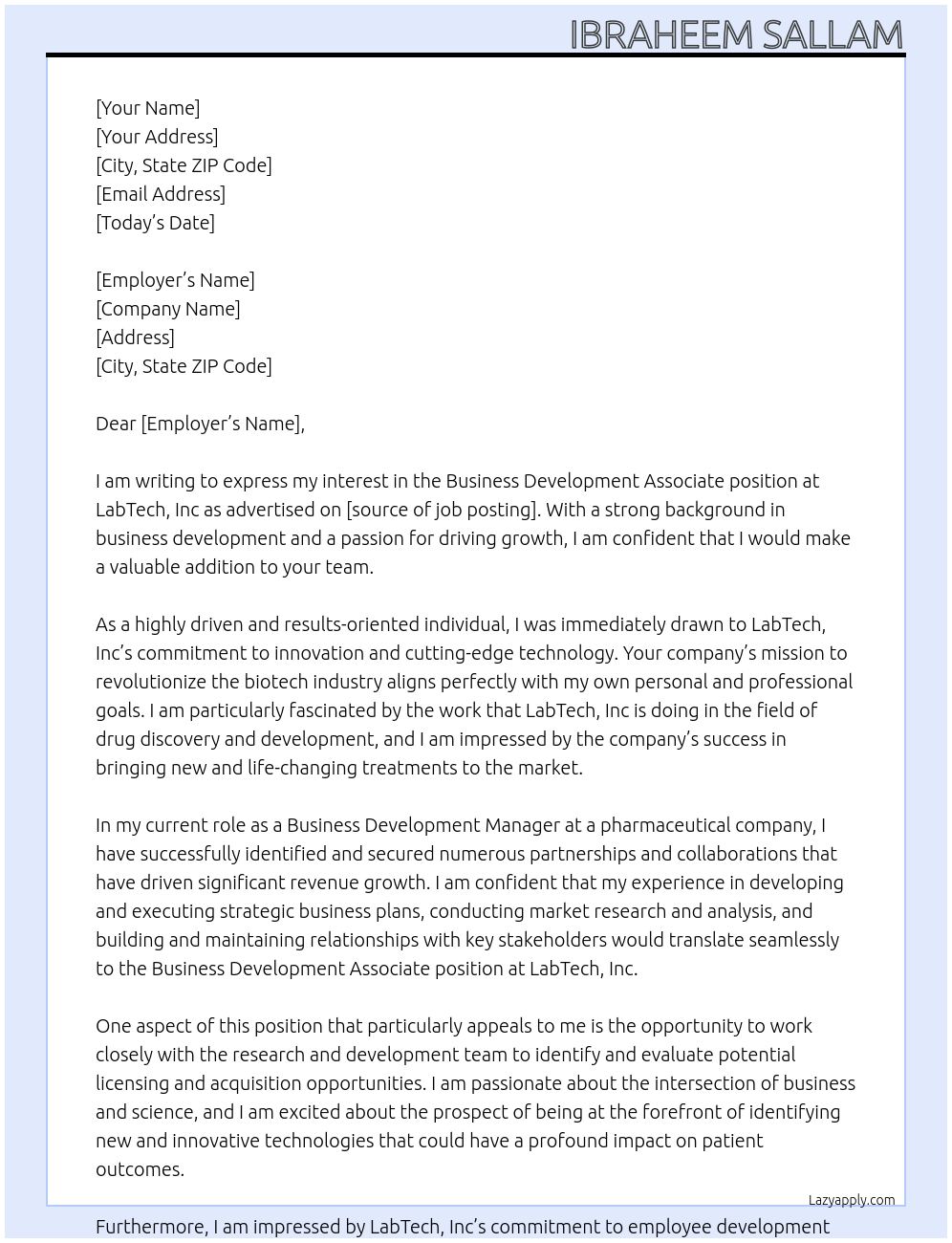 Business development associate At LabTech, Inc Cover Letter