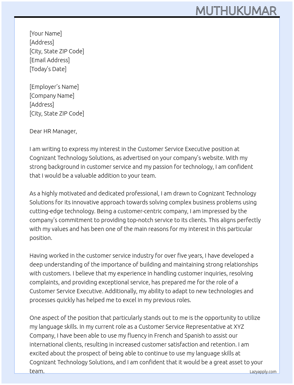 Customer service executive At Cognizant technology solutions Cover Letter