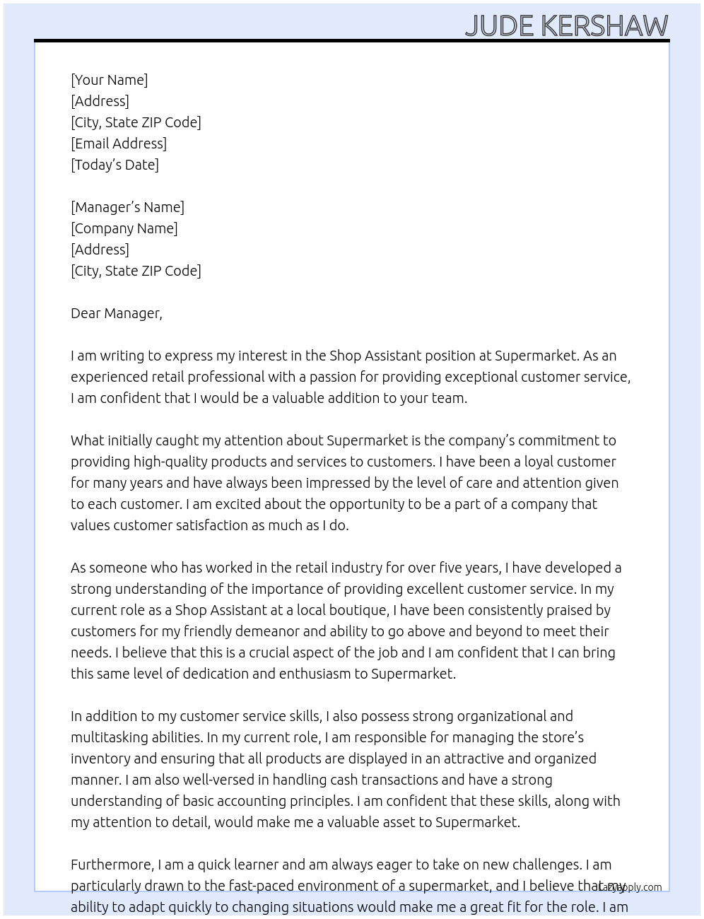 Shop assistant At Supermarket Cover Letter