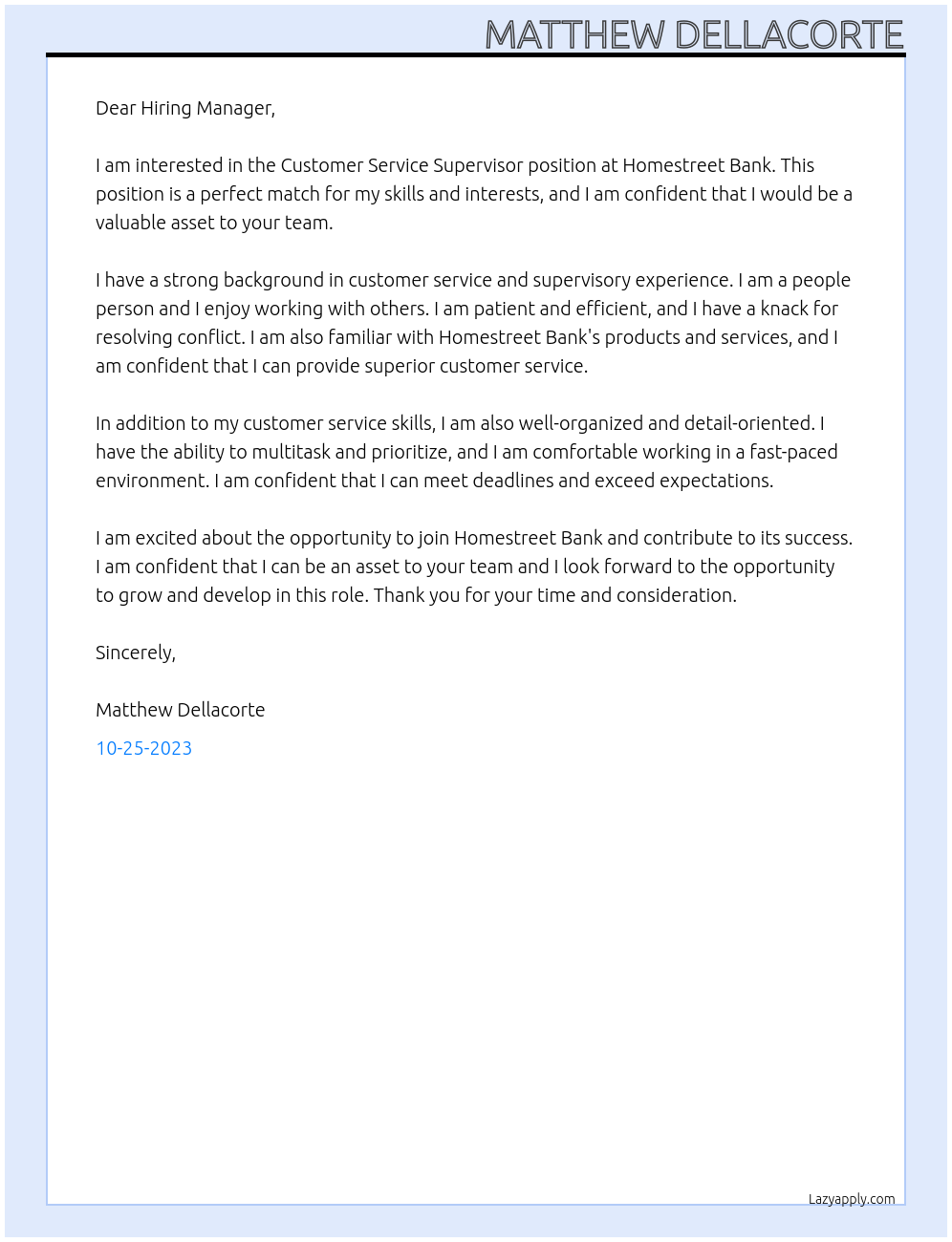 Customer Service Supervisor At Homestreet Bank Cover Letter