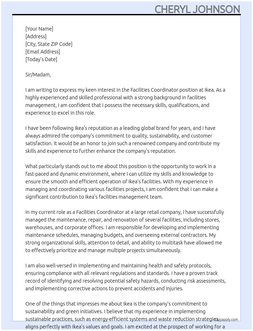 Facilities Coordinator At Ikea Cover Letter