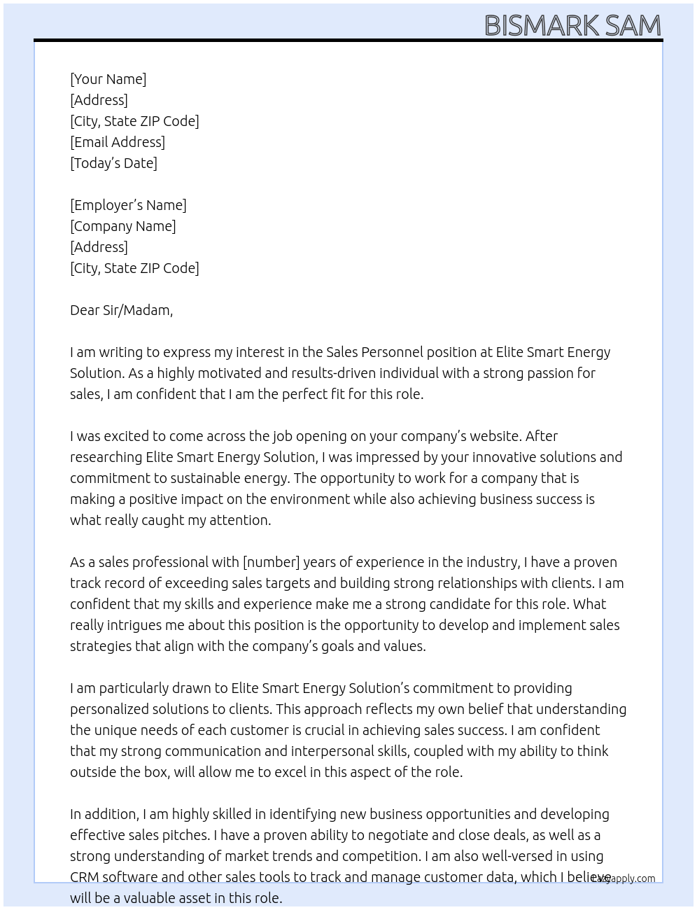 Sales personnel At Elite Smart Energy Solution Cover Letter