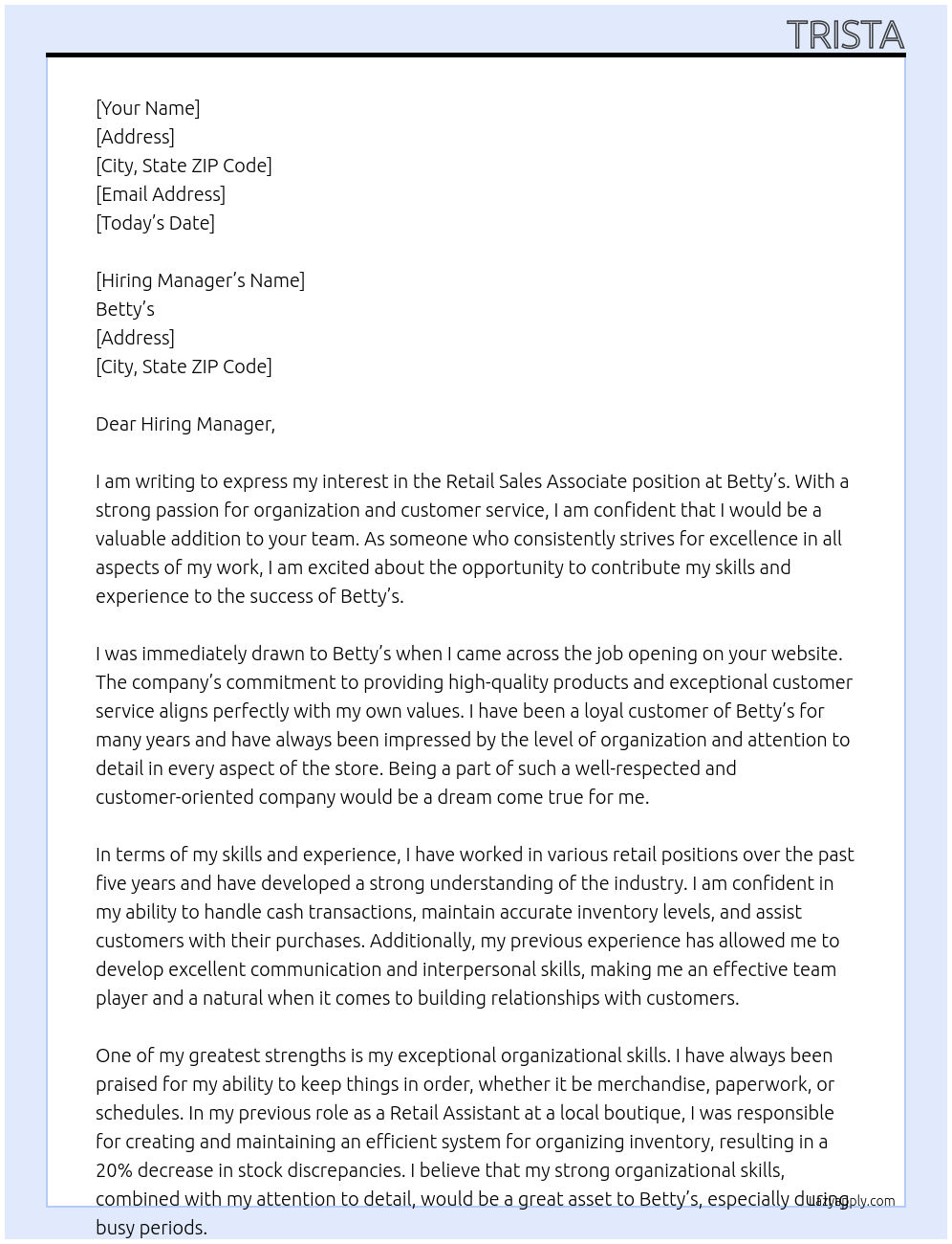 Retail Sales Associate At Betty's Cover Letter