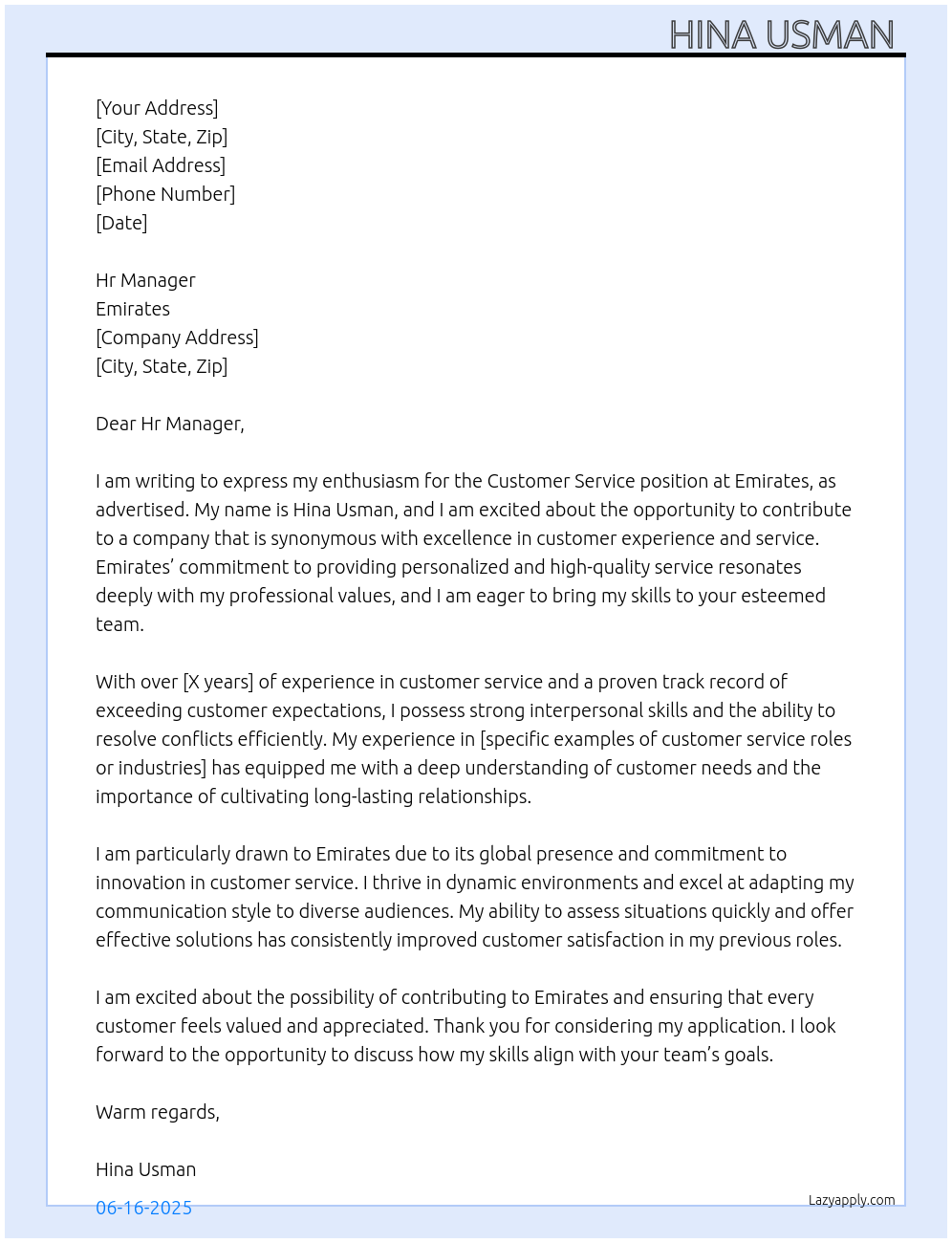 Customer Service At Emirates Cover Letter