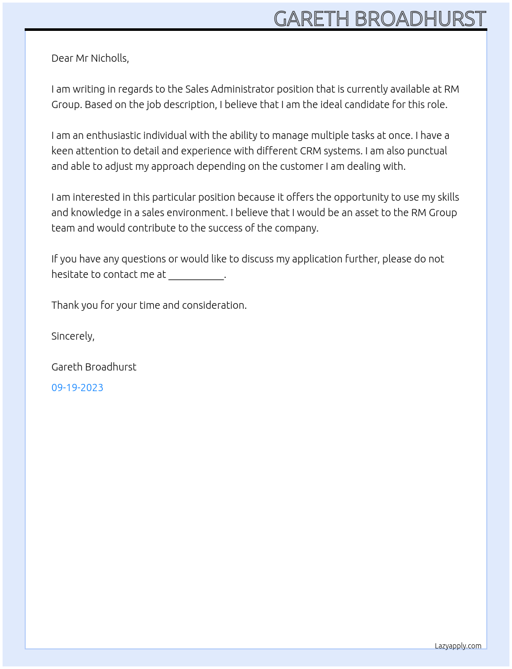 Sales Administrator At RM Group Cover Letter