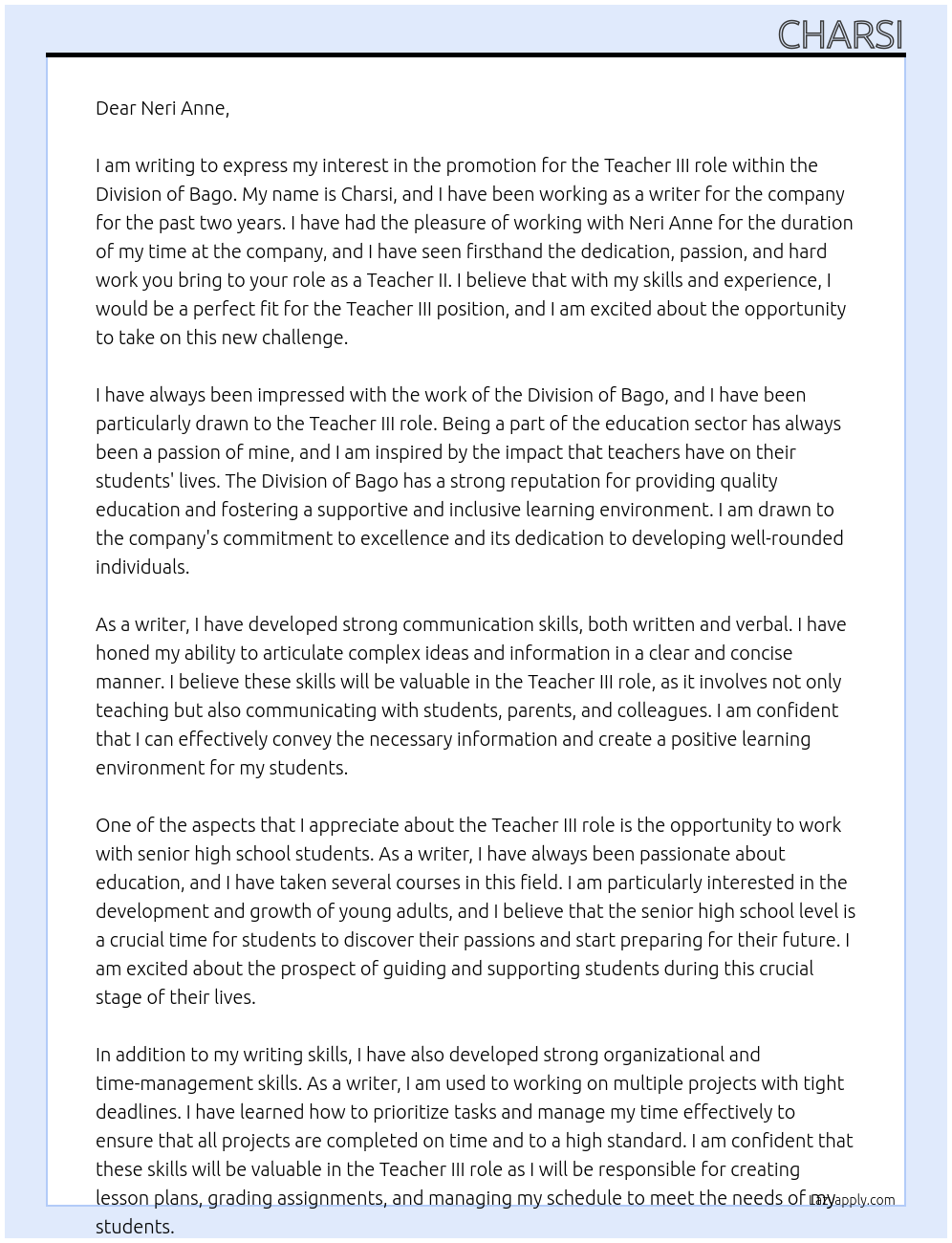 promotion At division of bago Cover Letter