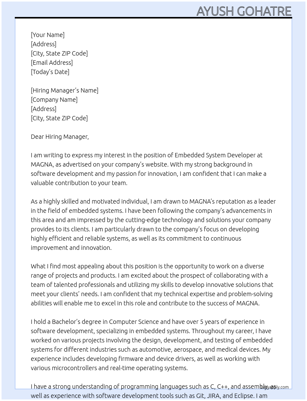 Embedded sytem devloper At MAGNA Cover Letter