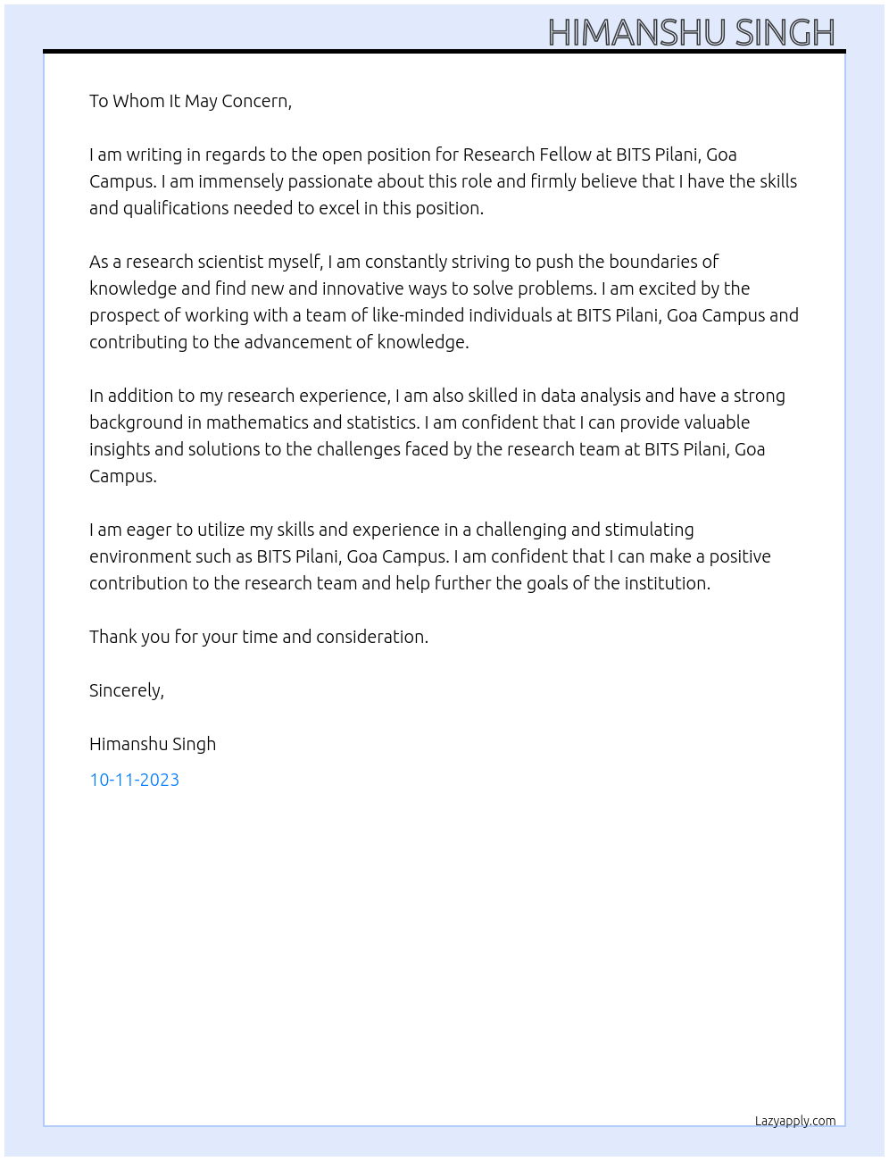 Research Fellow At BITS Pilani, Goa Cover Letter