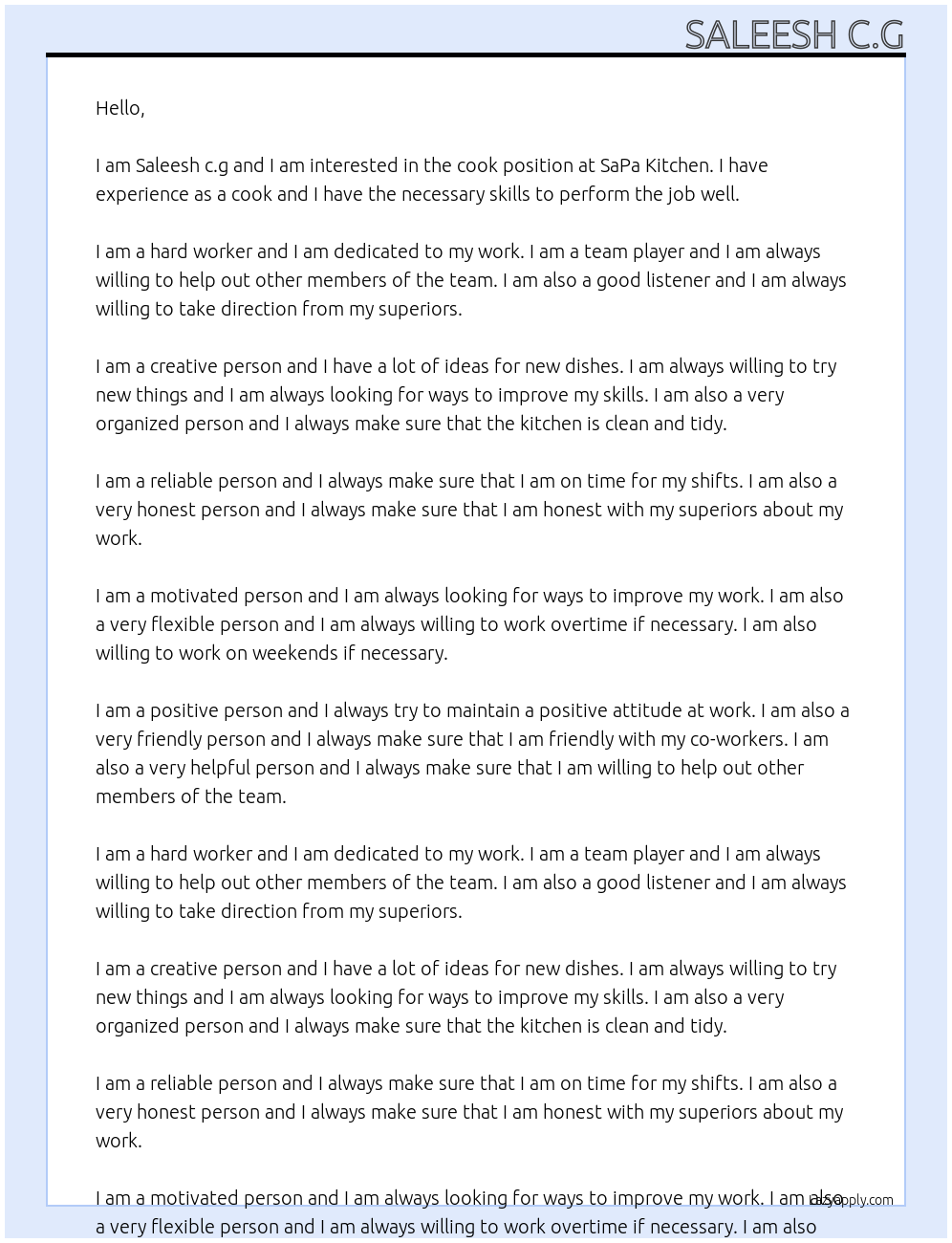 Cook At SaPa Kitchen Cover Letter