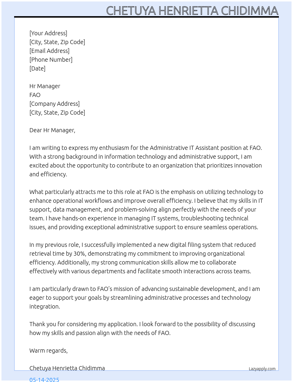 Administrative IT Assistant At FAO Cover Letter