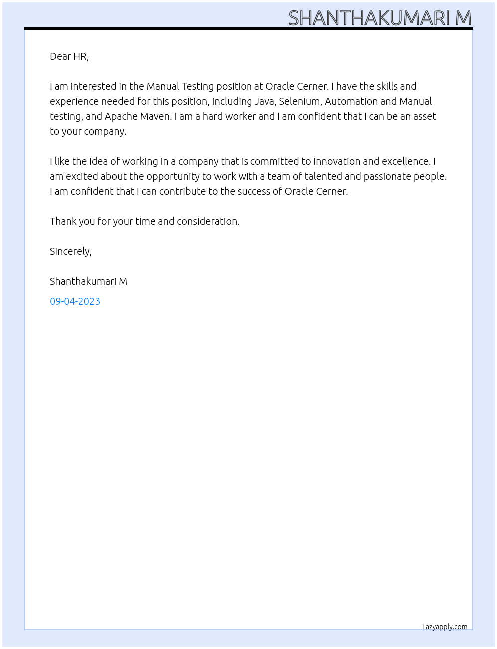 Manual Testing At Oracle Cerner Cover Letter