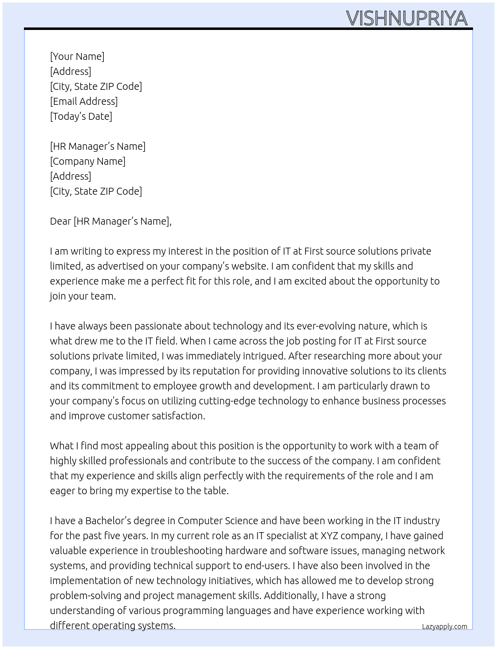 IT At First source solutions private limited Cover Letter