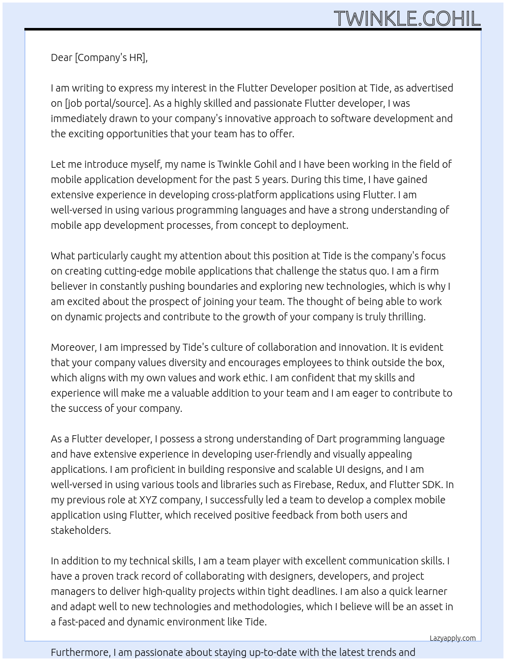 Flutter developer At Tide Cover Letter